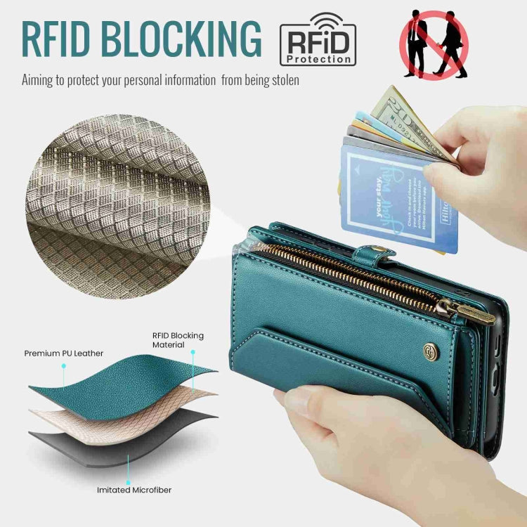 For Samsung Galaxy S23+ 5G CaseMe C36 Card Slots Zipper Wallet RFID Anti-theft Leather Phone Case(Blue-green)