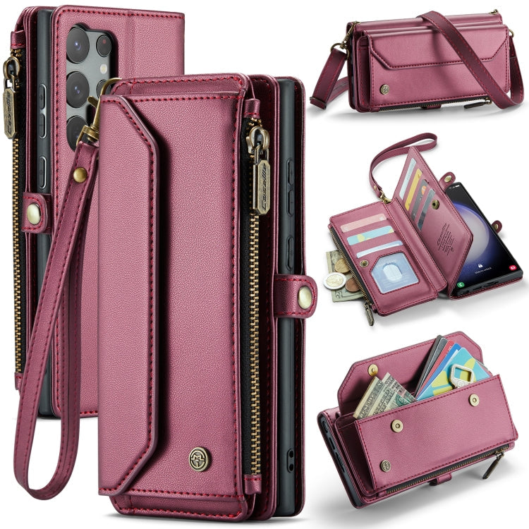 For Samsung Galaxy S23 Ultra 5G CaseMe C36 Card Slots Zipper Wallet RFID Anti-theft Leather Phone Case(Wine Red)