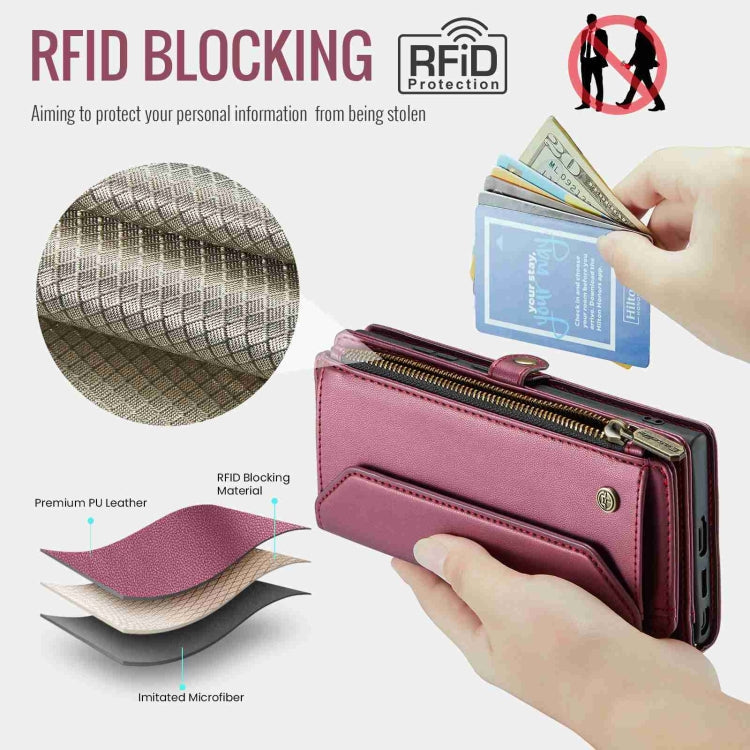 For Samsung Galaxy S24 Ultra 5G CaseMe C36 Card Slots Zipper Wallet RFID Anti-theft Leather Phone Case(Wine Red)