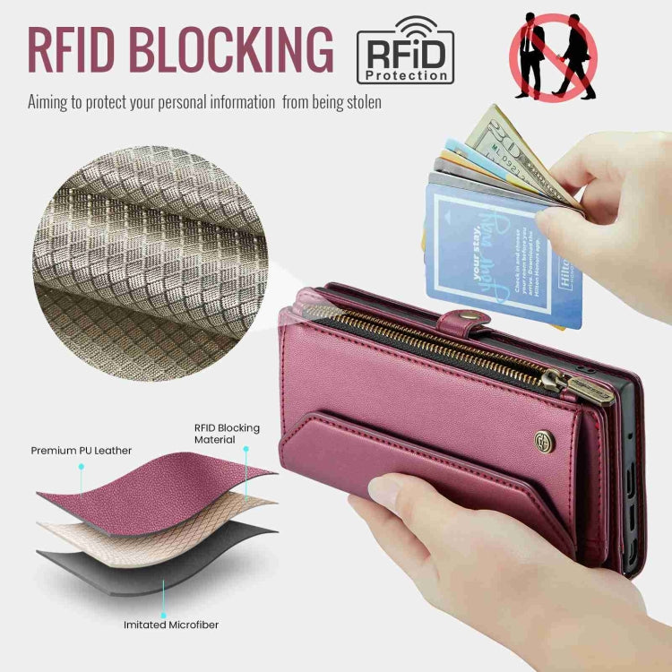 For Samsung Galaxy Note10+ CaseMe C36 Card Slots Zipper Wallet RFID Anti-theft Leather Phone Case(Wine Red)