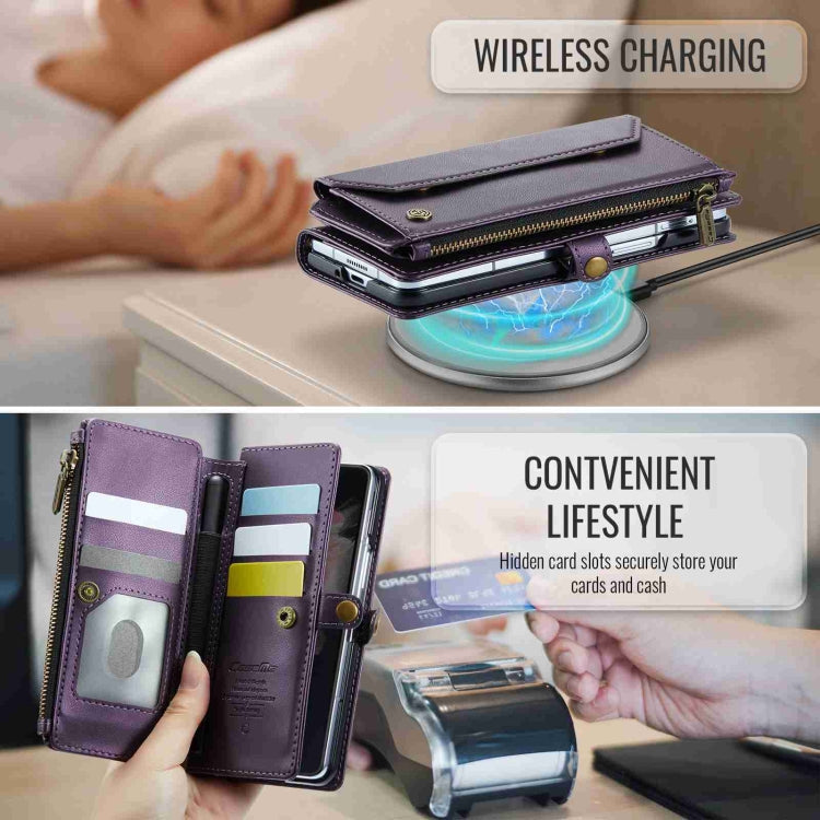 For Samsung Galaxy Z Fold3 CaseMe C36 Card Slots Zipper Wallet RFID Anti-theft Leather Phone Case(Purple)