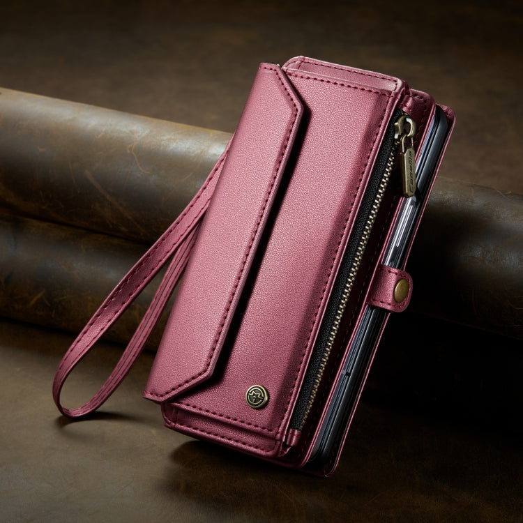 For Samsung Galaxy Z Fold3 CaseMe C36 Card Slots Zipper Wallet RFID Anti-theft Leather Phone Case(Wine Red)