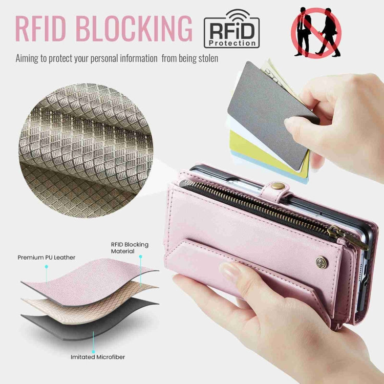 For Samsung Galaxy Z Fold3 CaseMe C36 Card Slots Zipper Wallet RFID Anti-theft Leather Phone Case(Pink)