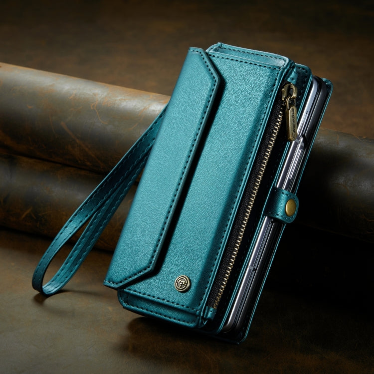For Samsung Galaxy Z Fold4 CaseMe C36 Card Slots Zipper Wallet RFID Anti-theft Leather Phone Case(Blue-green)