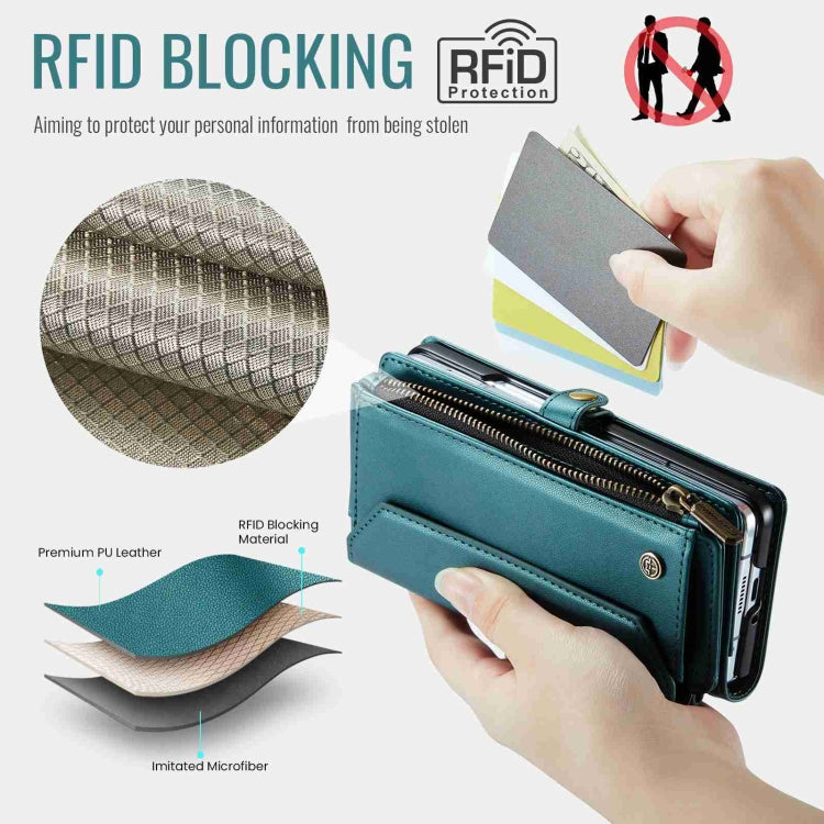 For Samsung Galaxy Z Fold5 CaseMe C36 Card Slots Zipper Wallet RFID Anti-theft Leather Phone Case(Blue-green)