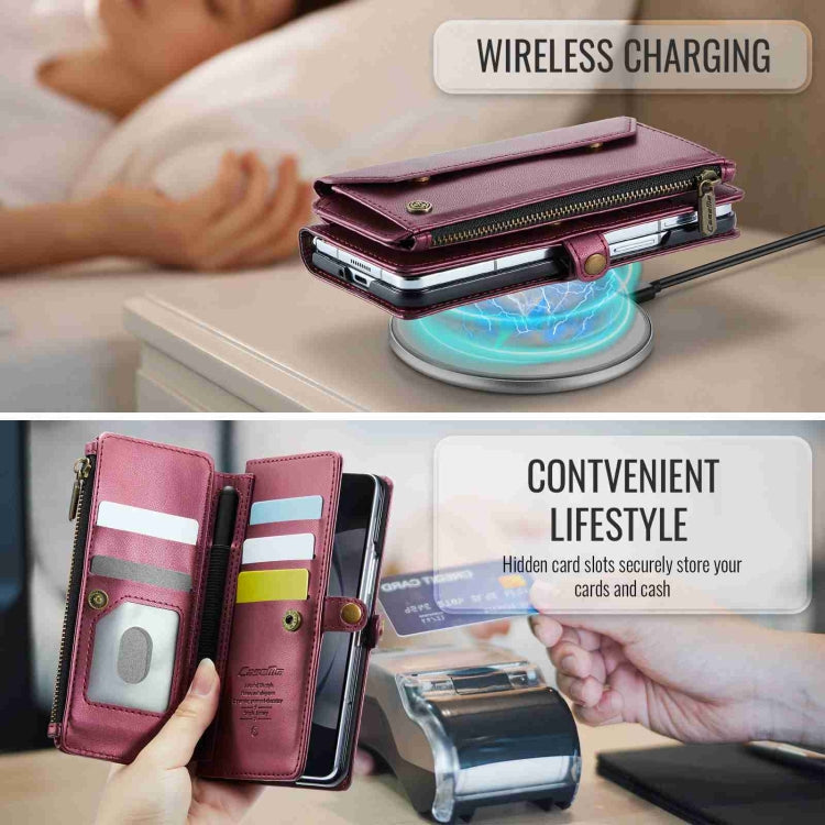 For Samsung Galaxy Z Fold5 CaseMe C36 Card Slots Zipper Wallet RFID Anti-theft Leather Phone Case(Wine Red)