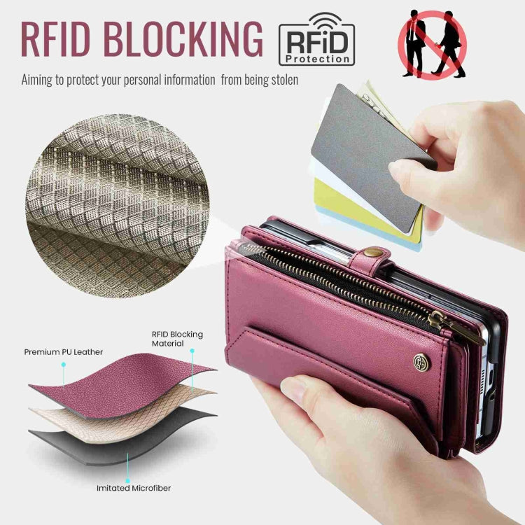 For Samsung Galaxy Z Fold5 CaseMe C36 Card Slots Zipper Wallet RFID Anti-theft Leather Phone Case(Wine Red)