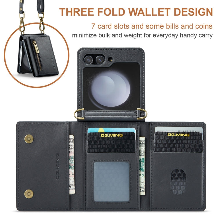 For Samsung Galaxy Z Flip5 5G DG.MING M5 Series Zip RFID Multi Card Detachable Leather Phone Case with Long Lanyard(Black)