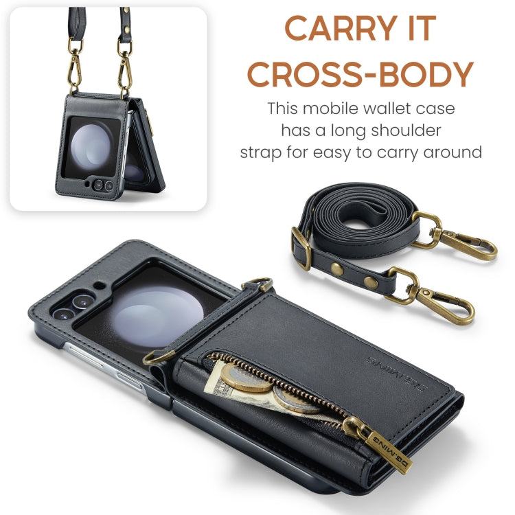 For Samsung Galaxy Z Flip5 5G DG.MING M5 Series Zip RFID Multi Card Detachable Leather Phone Case with Long Lanyard(Black)