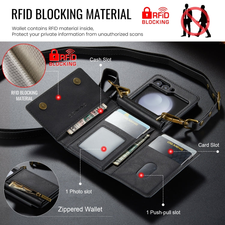 For Samsung Galaxy Z Flip5 5G DG.MING M5 Series Zip RFID Multi Card Detachable Leather Phone Case with Long Lanyard(Black)
