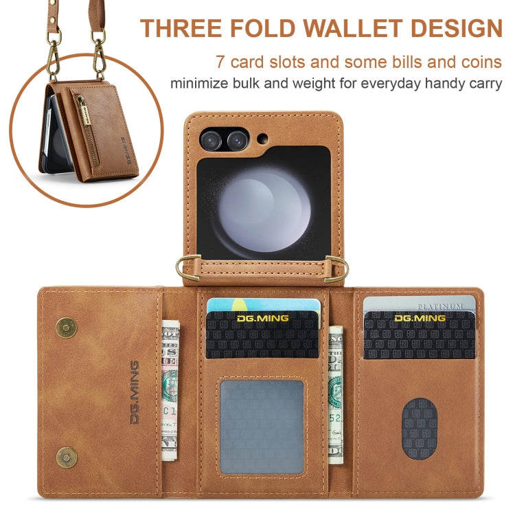 For Samsung Galaxy Z Flip5 5G DG.MING M5 Series Zip RFID Multi Card Detachable Leather Phone Case with Long Lanyard(Brown)