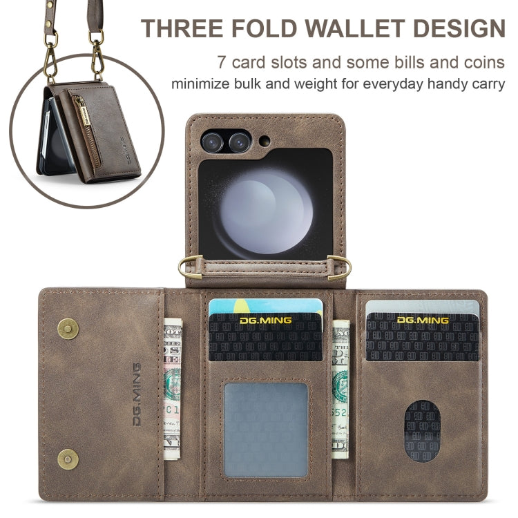 For Samsung Galaxy Z Flip5 5G DG.MING M5 Series Zip RFID Multi Card Detachable Leather Phone Case with Long Lanyard(Coffee)