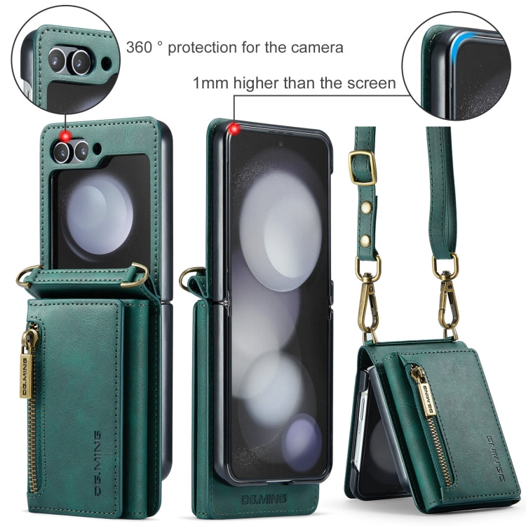 For Samsung Galaxy Z Flip5 5G DG.MING M5 Series Zip RFID Multi Card Detachable Leather Phone Case with Long Lanyard(Green)