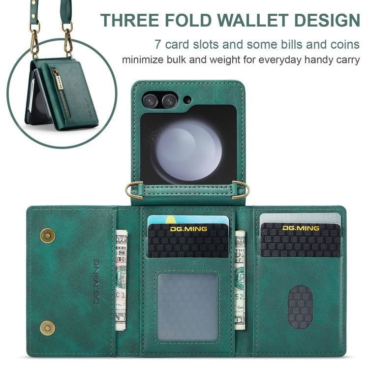 For Samsung Galaxy Z Flip5 5G DG.MING M5 Series Zip RFID Multi Card Detachable Leather Phone Case with Long Lanyard(Green)