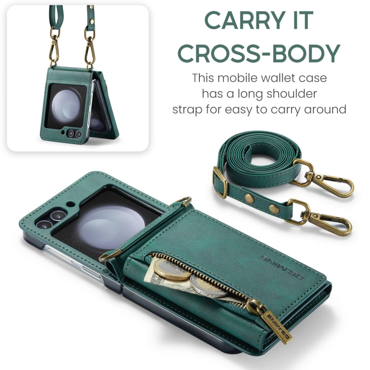 For Samsung Galaxy Z Flip5 5G DG.MING M5 Series Zip RFID Multi Card Detachable Leather Phone Case with Long Lanyard(Green)