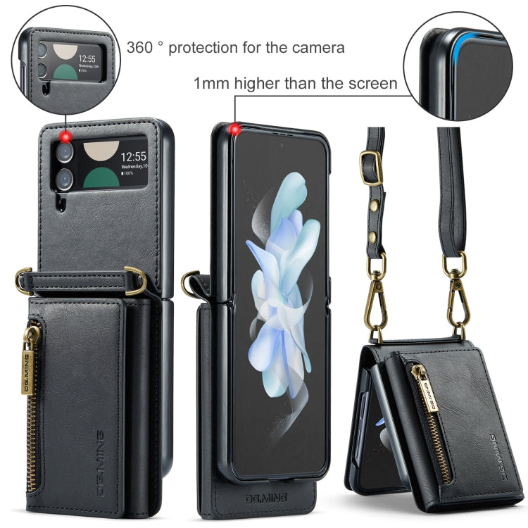 For Samsung Galaxy Z Flip4 5G DG.MING M5 Series Zip RFID Multi Card Detachable Leather Phone Case with Long Lanyard(Black)
