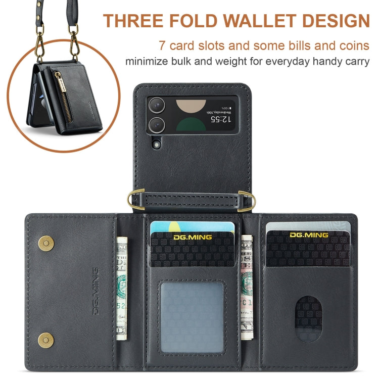 For Samsung Galaxy Z Flip4 5G DG.MING M5 Series Zip RFID Multi Card Detachable Leather Phone Case with Long Lanyard(Black)