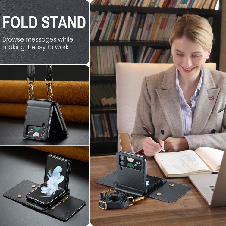 For Samsung Galaxy Z Flip4 5G DG.MING M5 Series Zip RFID Multi Card Detachable Leather Phone Case with Long Lanyard(Black)
