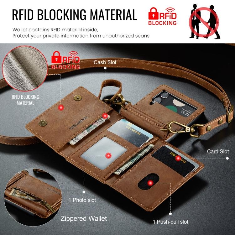 For Samsung Galaxy Z Flip4 5G DG.MING M5 Series Zip RFID Multi Card Detachable Leather Phone Case with Long Lanyard(Brown)