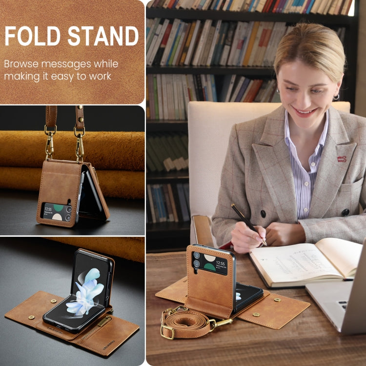 For Samsung Galaxy Z Flip4 5G DG.MING M5 Series Zip RFID Multi Card Detachable Leather Phone Case with Long Lanyard(Brown)