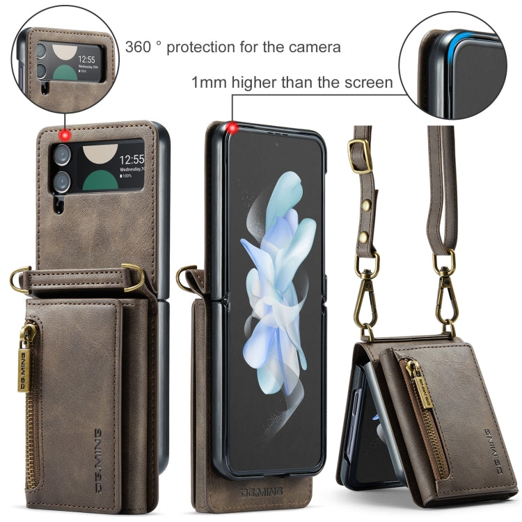 For Samsung Galaxy Z Flip4 5G DG.MING M5 Series Zip RFID Multi Card Detachable Leather Phone Case with Long Lanyard(Coffee)