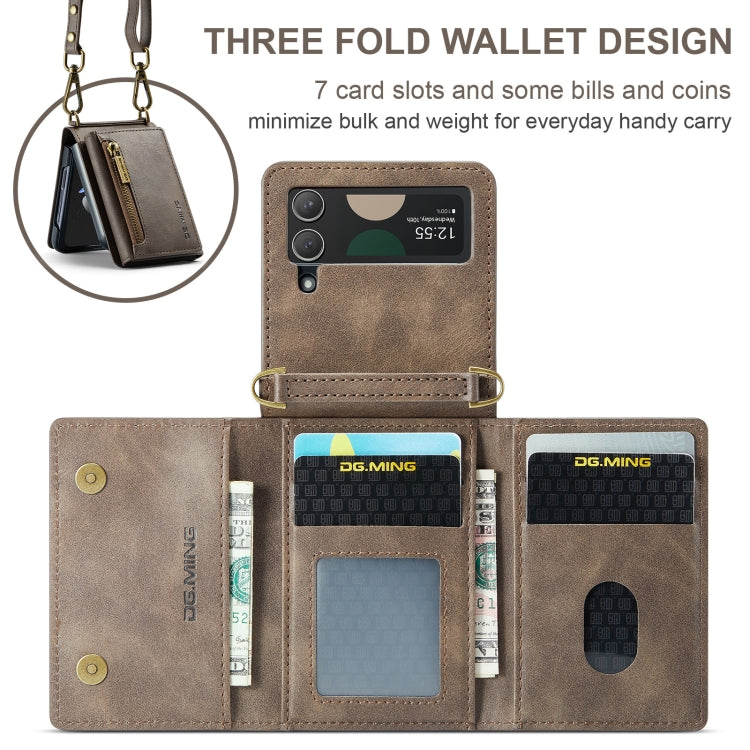 For Samsung Galaxy Z Flip4 5G DG.MING M5 Series Zip RFID Multi Card Detachable Leather Phone Case with Long Lanyard(Coffee)