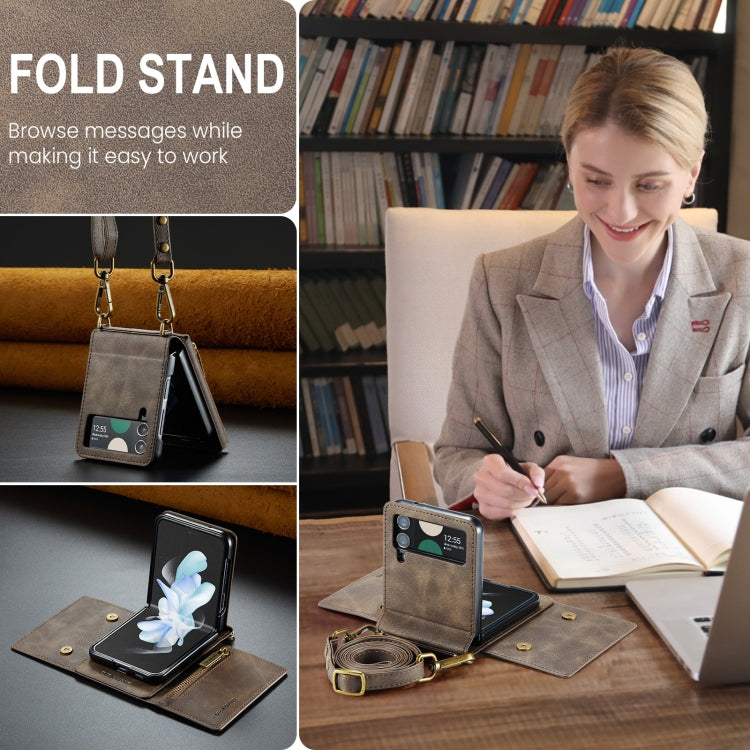 For Samsung Galaxy Z Flip4 5G DG.MING M5 Series Zip RFID Multi Card Detachable Leather Phone Case with Long Lanyard(Coffee)