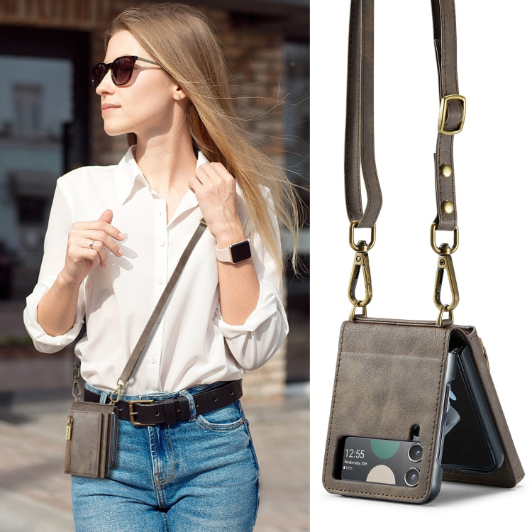 For Samsung Galaxy Z Flip4 5G DG.MING M5 Series Zip RFID Multi Card Detachable Leather Phone Case with Long Lanyard(Coffee)