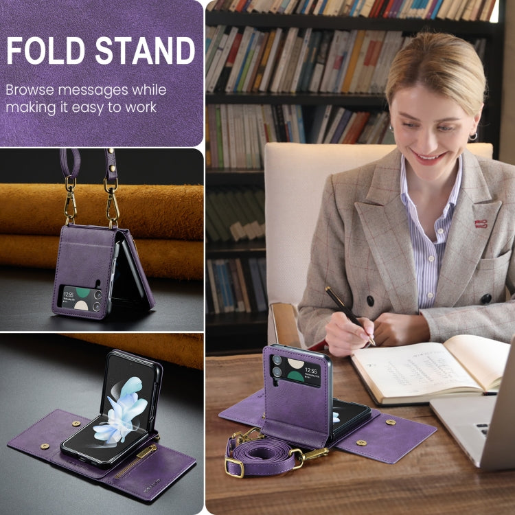 For Samsung Galaxy Z Flip4 5G DG.MING M5 Series Zip RFID Multi Card Detachable Leather Phone Case with Long Lanyard(Purple)