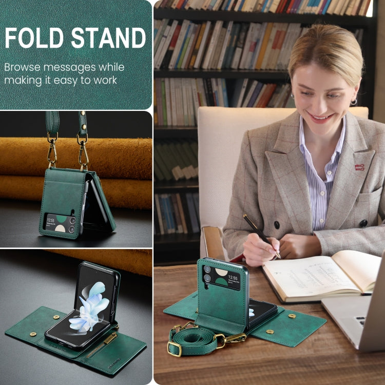 For Samsung Galaxy Z Flip4 5G DG.MING M5 Series Zip RFID Multi Card Detachable Leather Phone Case with Long Lanyard(Green)