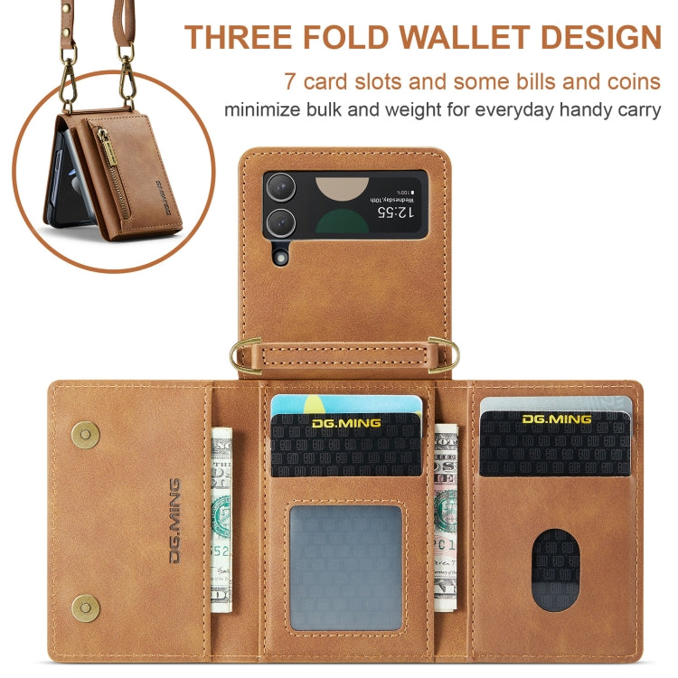 For Samsung Galaxy Z Flip3 5G DG.MING M5 Series Zip RFID Multi Card Detachable Leather Phone Case with Long Lanyard(Brown)