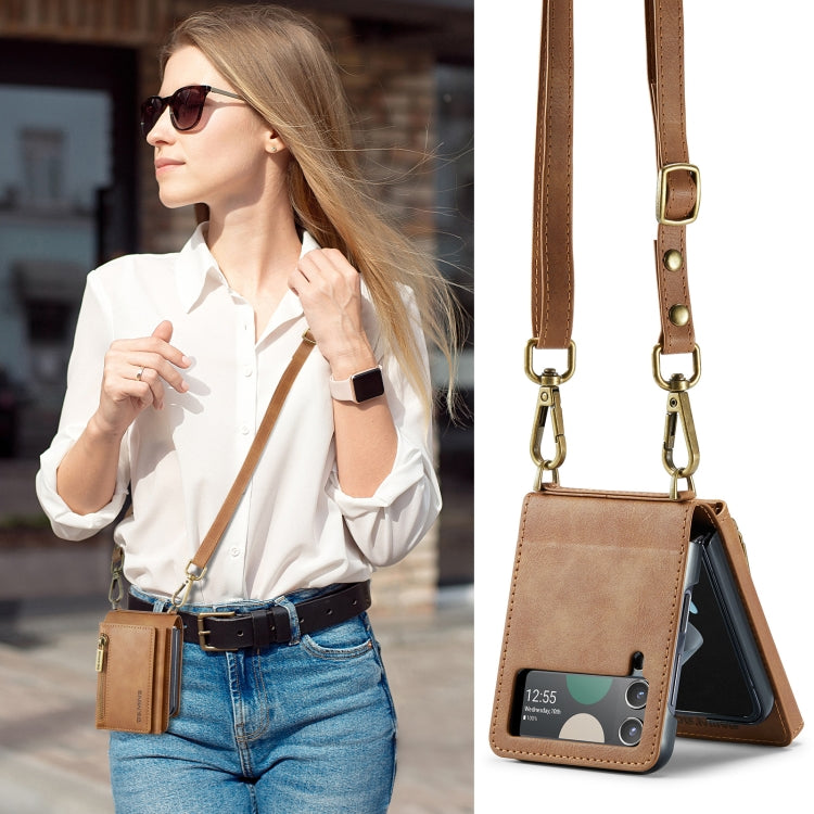 For Samsung Galaxy Z Flip3 5G DG.MING M5 Series Zip RFID Multi Card Detachable Leather Phone Case with Long Lanyard(Brown)