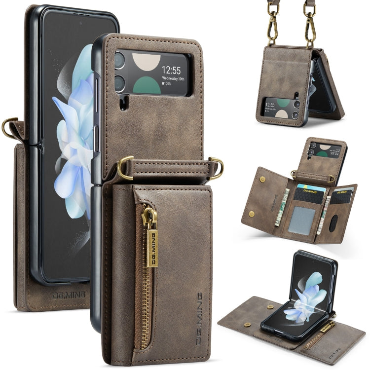 For Samsung Galaxy Z Flip3 5G DG.MING M5 Series Zip RFID Multi Card Detachable Leather Phone Case with Long Lanyard(Coffee)