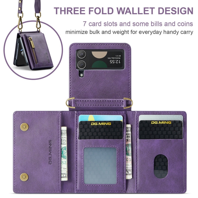 For Samsung Galaxy Z Flip3 5G DG.MING M5 Series Zip RFID Multi Card Detachable Leather Phone Case with Long Lanyard(Purple)