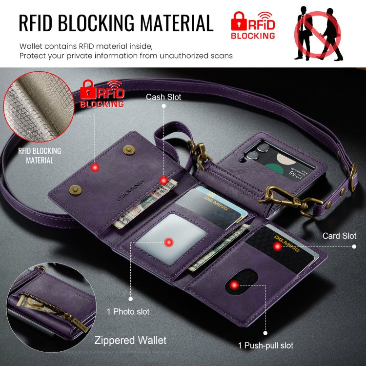 For Samsung Galaxy Z Flip3 5G DG.MING M5 Series Zip RFID Multi Card Detachable Leather Phone Case with Long Lanyard(Purple)