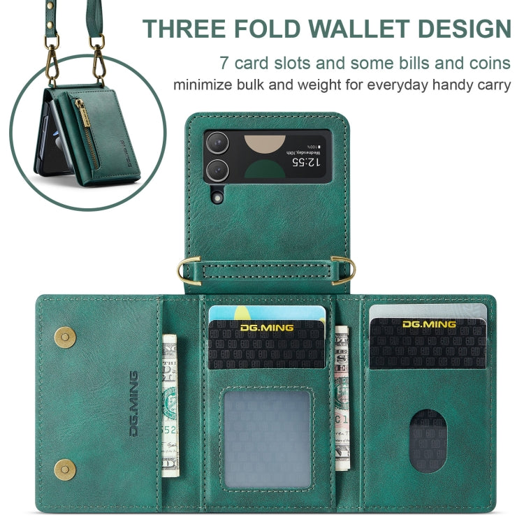 For Samsung Galaxy Z Flip3 5G DG.MING M5 Series Zip RFID Multi Card Detachable Leather Phone Case with Long Lanyard(Green)