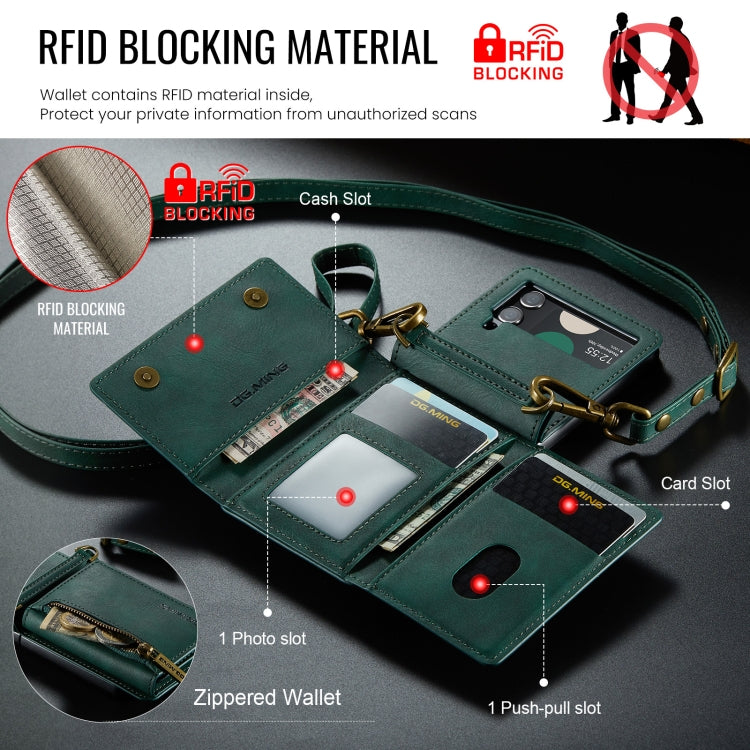 For Samsung Galaxy Z Flip3 5G DG.MING M5 Series Zip RFID Multi Card Detachable Leather Phone Case with Long Lanyard(Green)
