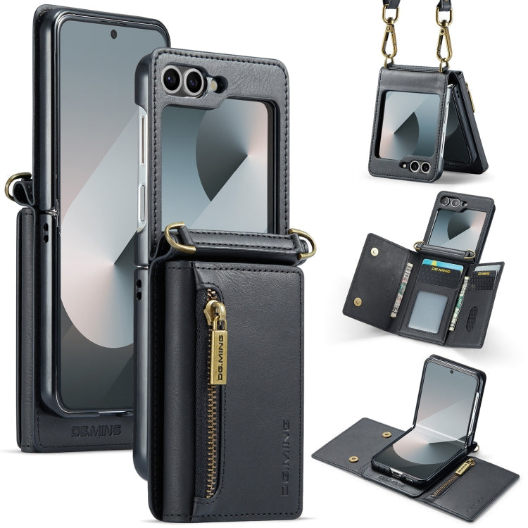 For Samsung Galaxy Z Flip6 DG.MING M5 Series Zip RFID Multi Card Detachable Leather Phone Case with Long Lanyard(Black)
