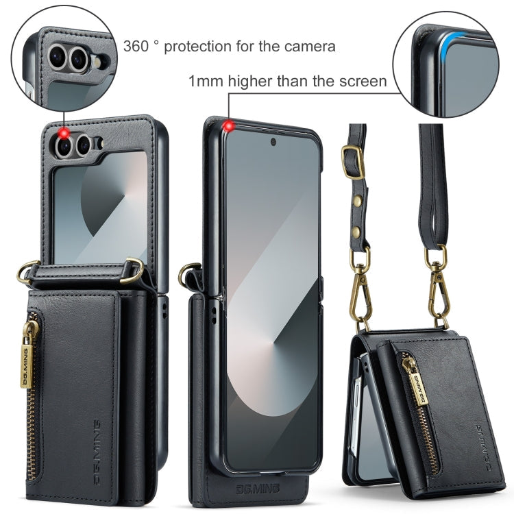 For Samsung Galaxy Z Flip6 DG.MING M5 Series Zip RFID Multi Card Detachable Leather Phone Case with Long Lanyard(Black)