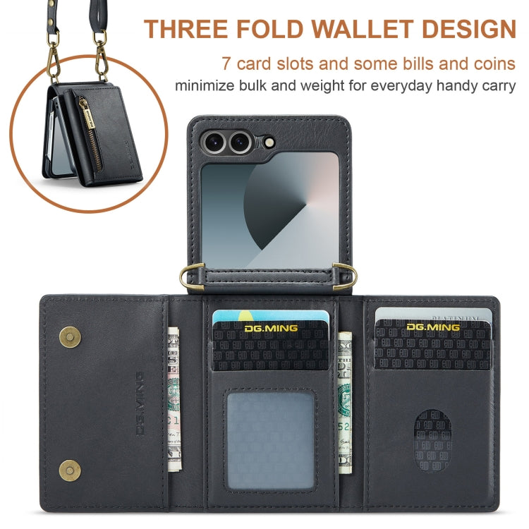 For Samsung Galaxy Z Flip6 DG.MING M5 Series Zip RFID Multi Card Detachable Leather Phone Case with Long Lanyard(Black)