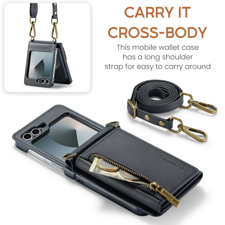 For Samsung Galaxy Z Flip6 DG.MING M5 Series Zip RFID Multi Card Detachable Leather Phone Case with Long Lanyard(Black)