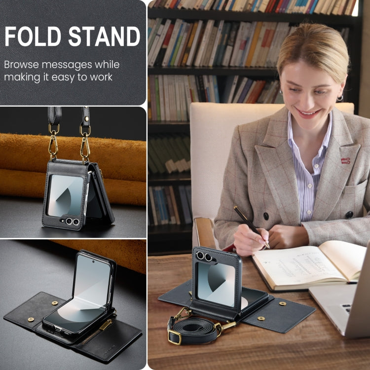 For Samsung Galaxy Z Flip6 DG.MING M5 Series Zip RFID Multi Card Detachable Leather Phone Case with Long Lanyard(Black)