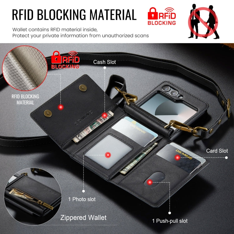 For Samsung Galaxy Z Flip6 DG.MING M5 Series Zip RFID Multi Card Detachable Leather Phone Case with Long Lanyard(Black)