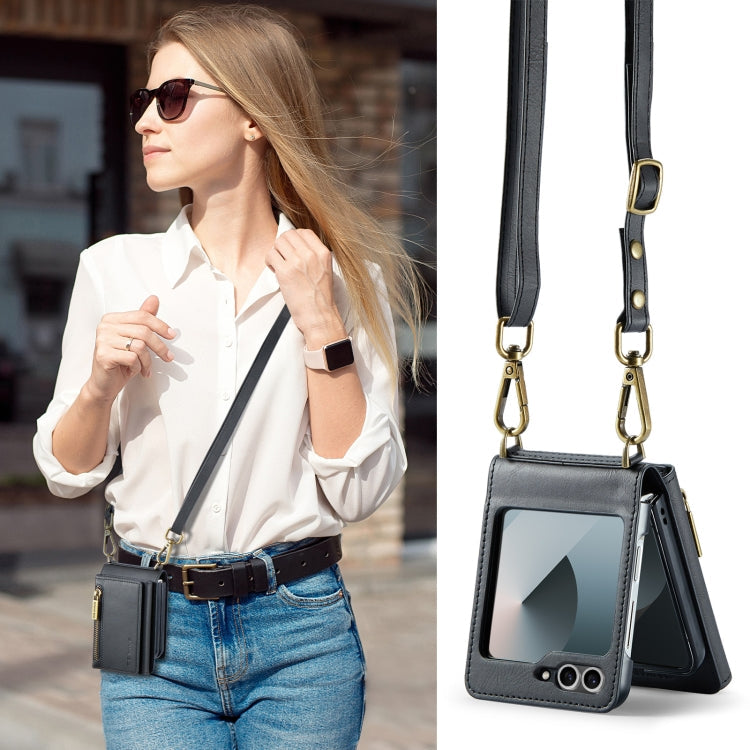 For Samsung Galaxy Z Flip6 DG.MING M5 Series Zip RFID Multi Card Detachable Leather Phone Case with Long Lanyard(Black)