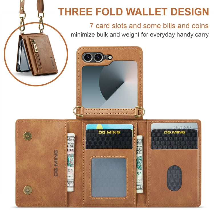For Samsung Galaxy Z Flip6 DG.MING M5 Series Zip RFID Multi Card Detachable Leather Phone Case with Long Lanyard(Brown)