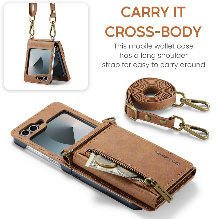 For Samsung Galaxy Z Flip6 DG.MING M5 Series Zip RFID Multi Card Detachable Leather Phone Case with Long Lanyard(Brown)