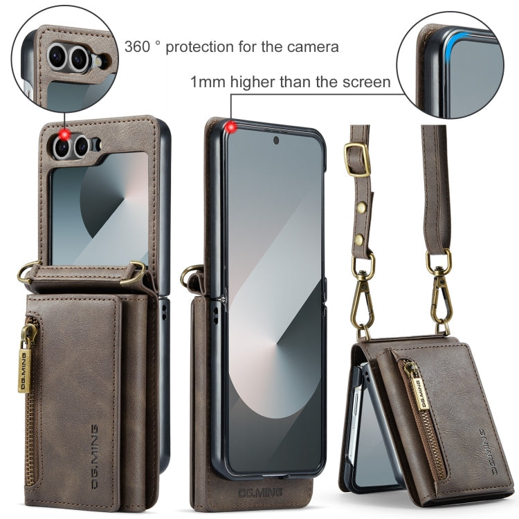 For Samsung Galaxy Z Flip6 DG.MING M5 Series Zip RFID Multi Card Detachable Leather Phone Case with Long Lanyard(Coffee)