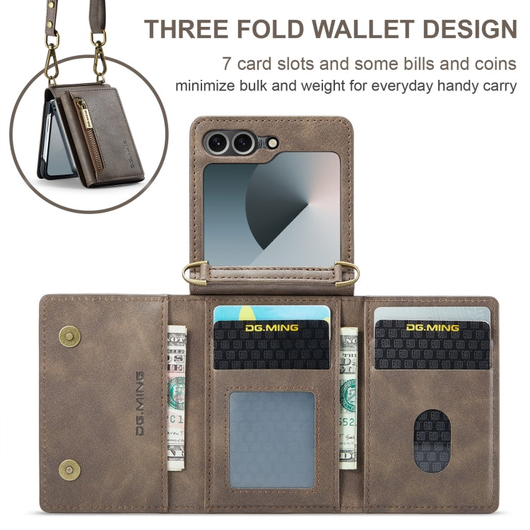 For Samsung Galaxy Z Flip6 DG.MING M5 Series Zip RFID Multi Card Detachable Leather Phone Case with Long Lanyard(Coffee)