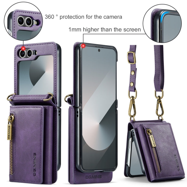 For Samsung Galaxy Z Flip6 DG.MING M5 Series Zip RFID Multi Card Detachable Leather Phone Case with Long Lanyard(Purple)