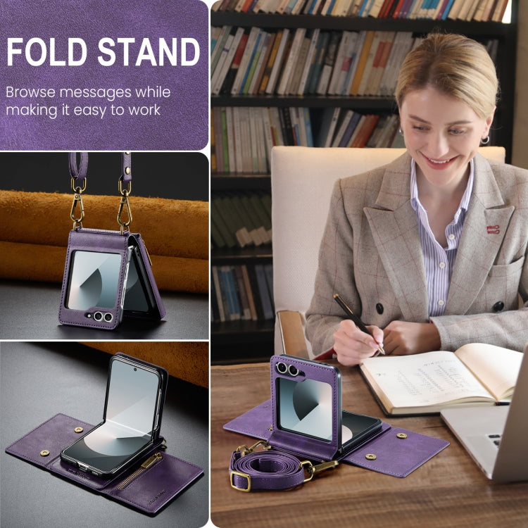 For Samsung Galaxy Z Flip6 DG.MING M5 Series Zip RFID Multi Card Detachable Leather Phone Case with Long Lanyard(Purple)